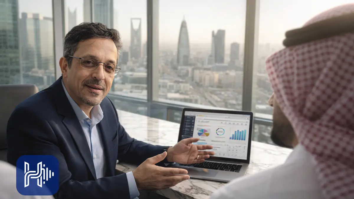 استشاري تحسين محركات البحث من الحلول الرقمية في اجتماع مع مدراء شركات سعودية لمناقشة استراتيجية النمو الرقمي