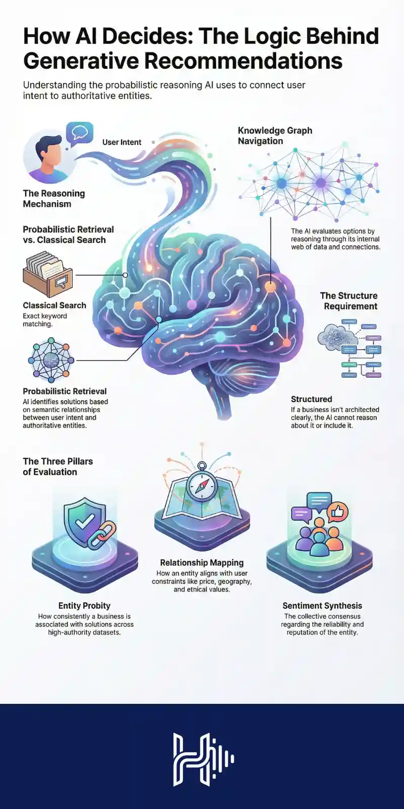 Infographic explaining the signals AI uses to select trusted business entities
