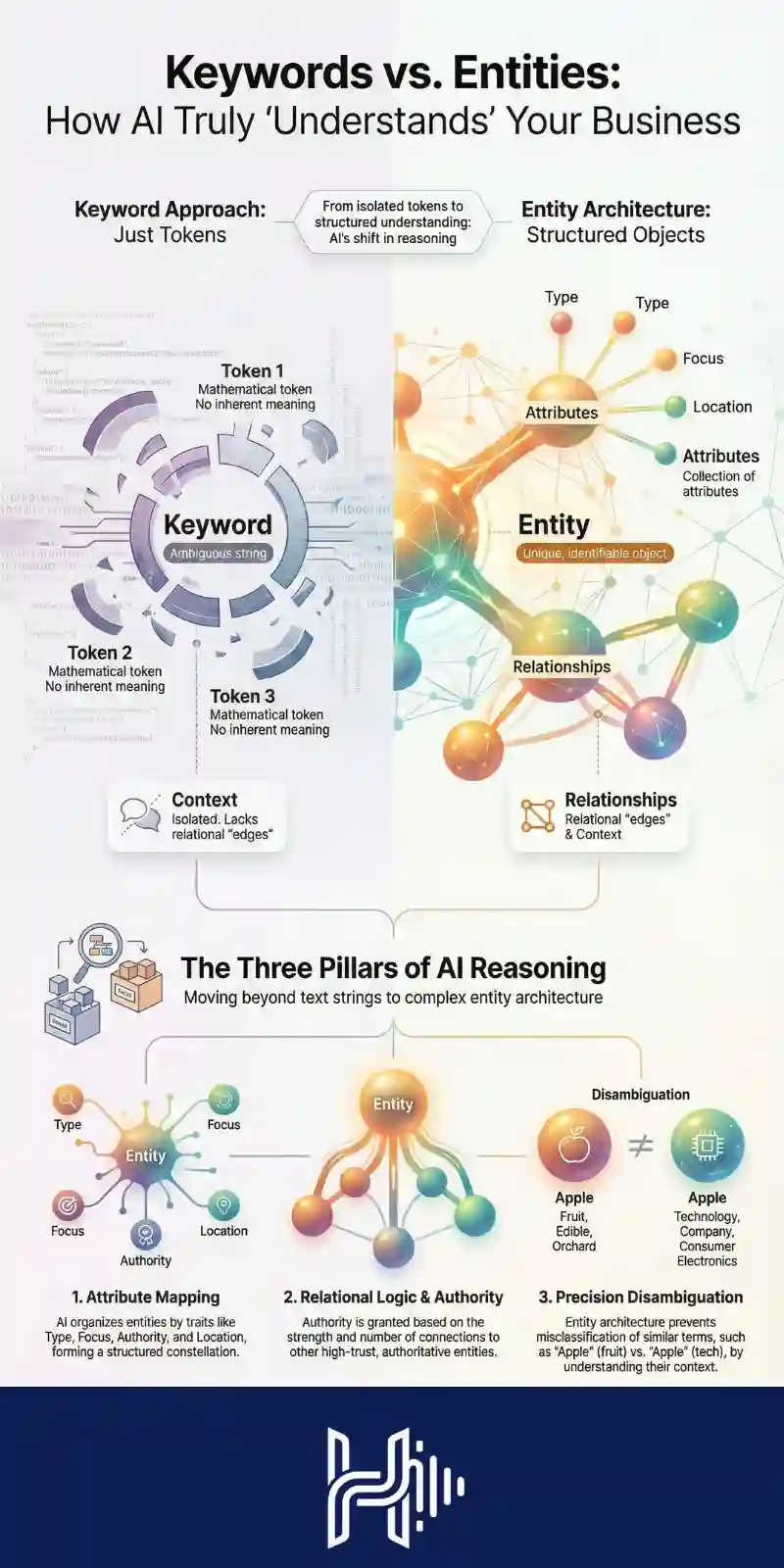 Infographic explaining how AI distinguishes between keywords and semantic entities in content understanding