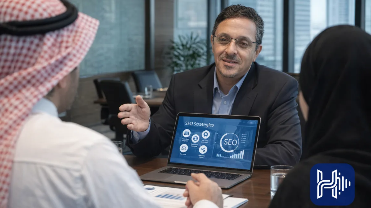 استشاري الحلول الرقمية في اجتماع مع مدراء شركات سعودية لشرح خدمات تحسين محركات البحث والنمو الرقمي